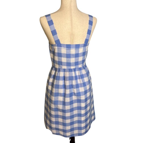 J. Crew Factory Linen Button Front Blue Plaid Checked Square Neck Dress Jumper 4 - Picture 4 of 7